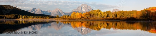 Panorama of Fall Color in front of the Grand Teton Range and Mt. Moran at the Oxbow Bend of the Snake River