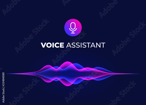 Voice assistant concept page. Personal mobile voice recognition, abstract sound waves. Microphone icon and neon music equalizer. Smart home ui element. Speaking waveform, vector flow.