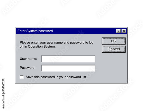 Old login password form with text field and buttons. Retro sign in popup window, system alert user interface. Vector illustration mockup with system message.