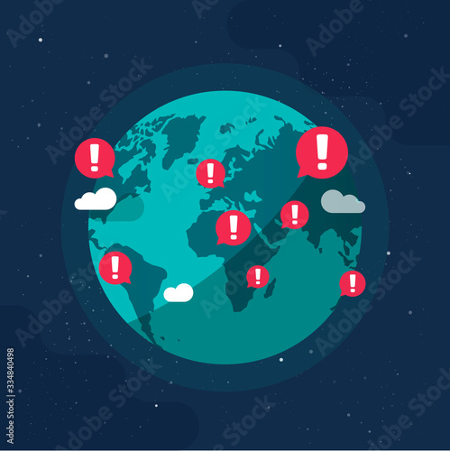 Earth planet global epidemic caution notices or war conflict warning danger sings on world globe flat cartoon illustration, concept of bio hazard worldwide alerts modern design isolated on space image