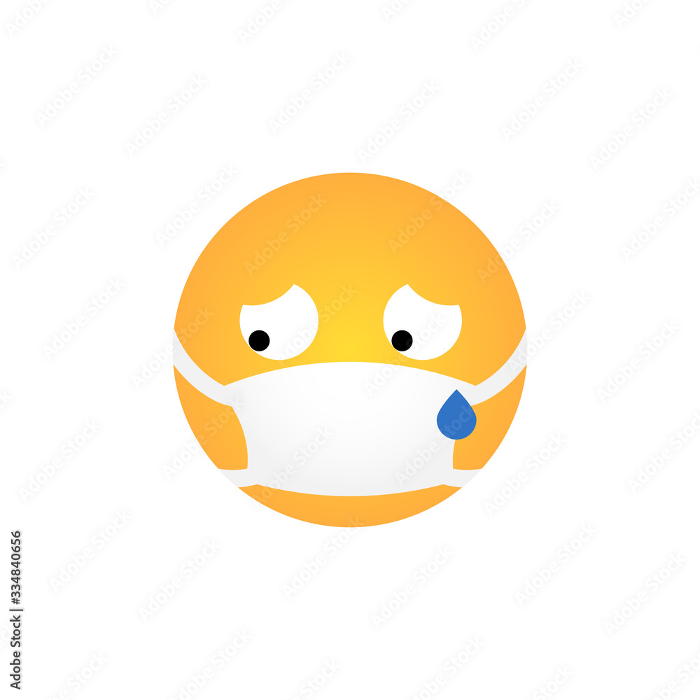 Cry Kawaii emoticon with medical mask isolated on white background. Corona virus protection concept. Emoji flat design for social media chat, web, infographics, apps. Vector illustration