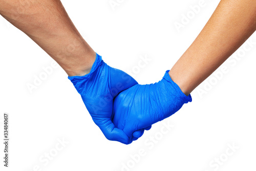 Handshake in a blue gloves, help concept.