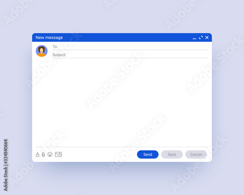 Email window template, new message interface mockup. Computer desktop screen of mail isolated. Abstract symbol of business or personal communication. Internet webpage illustration.