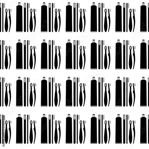 Oral hygiene icons. Dental cleaning kit. Vector seamless pattern. Manual toothbrush, toothpaste, toothbrush for baby. Isolated on white background.