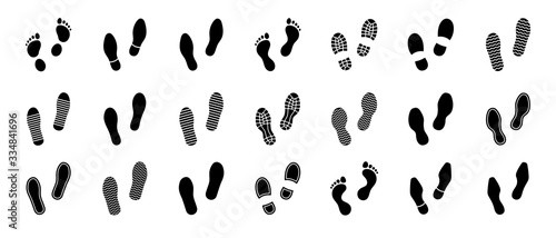 Flat linear design. Different human footprints. Black silhouettes isolated on white background. Vector illustration