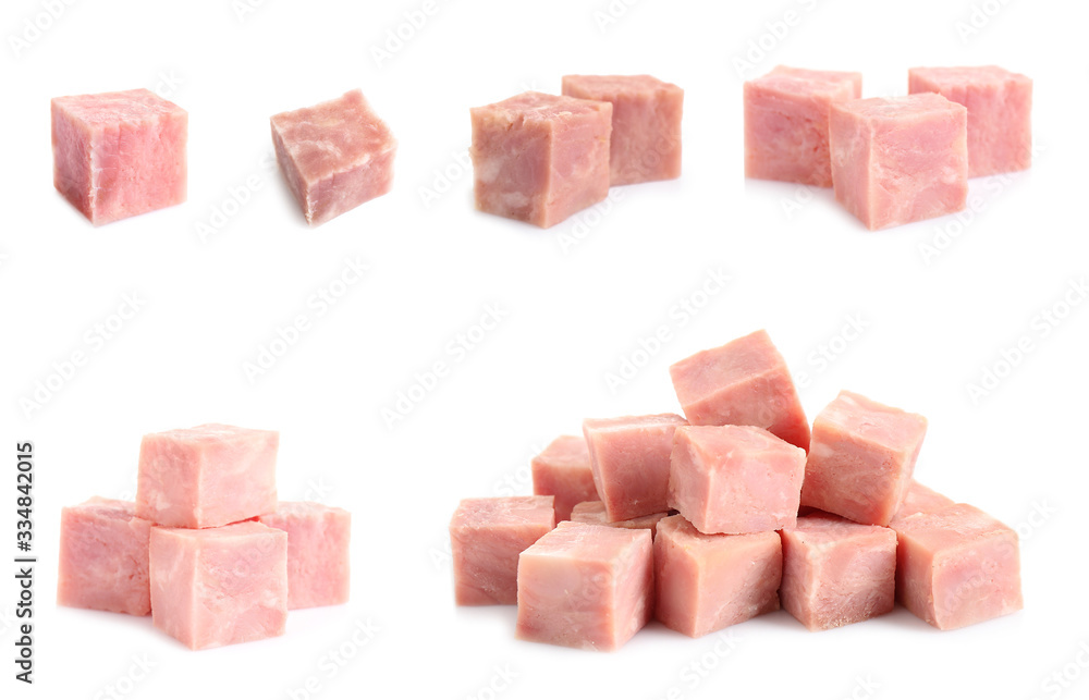 Set of tasty hams cubes on white background Set of tasty hams cubes on white background