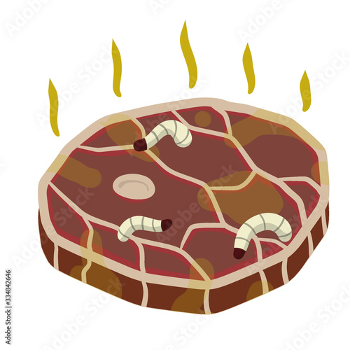 Rotten meat. Stinky food. Maggot worms. White insect caterpillars on meal. Health hazard. Cartoon flat illustration