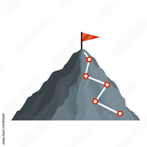 Climbing mountain with red flag. Points and stages of route. Business motivation in personal growth. Mountaineering and sports. Cartoon flat icon. Self-development and success