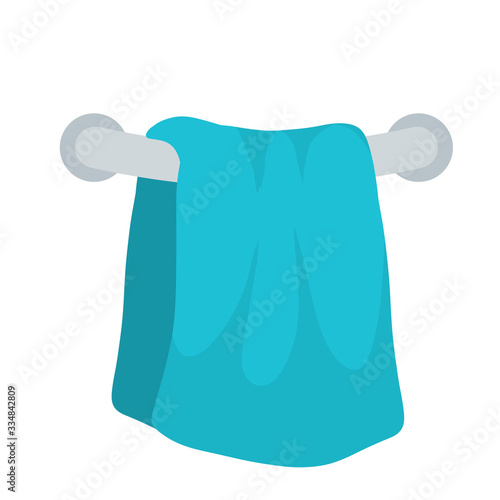 Blue towel on holder. Object on wall. Cartoon flat illustration. Element of bath, shower and kitchen. dry off with towel