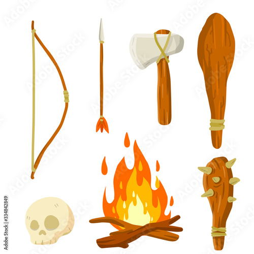 Prehistoric set of caveman weapons. Cartoon flat illustration. Wooden club, stone axe and bow, arrow with savage skull