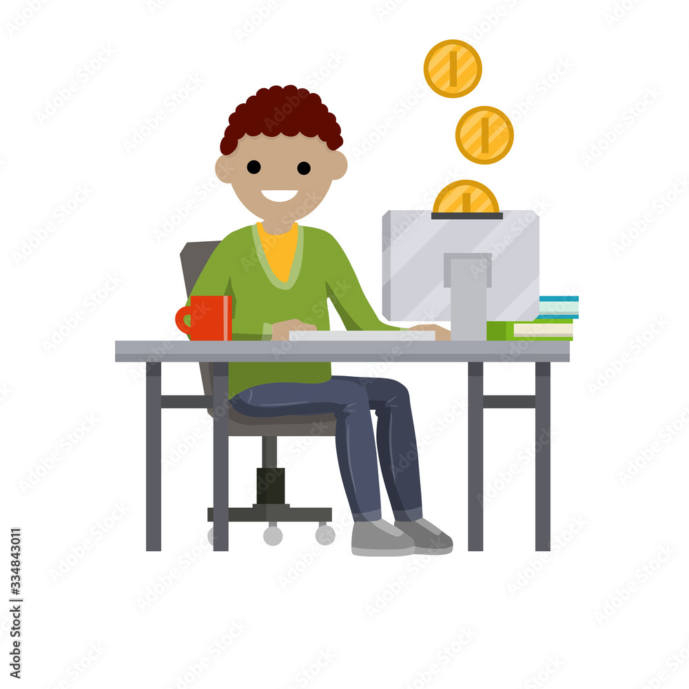 Man sitting at table with computer. Online income and salary. Piggy Bank and gold coins. Online shopping in the store. Cartoon flat illustration. Work freelance and programmer. African guy Man sitting at table with computer. Online income and salary. Piggy Bank and gold coins. Online shopping in the store. Cartoon flat illustration. Work freelance and programmer. African guy