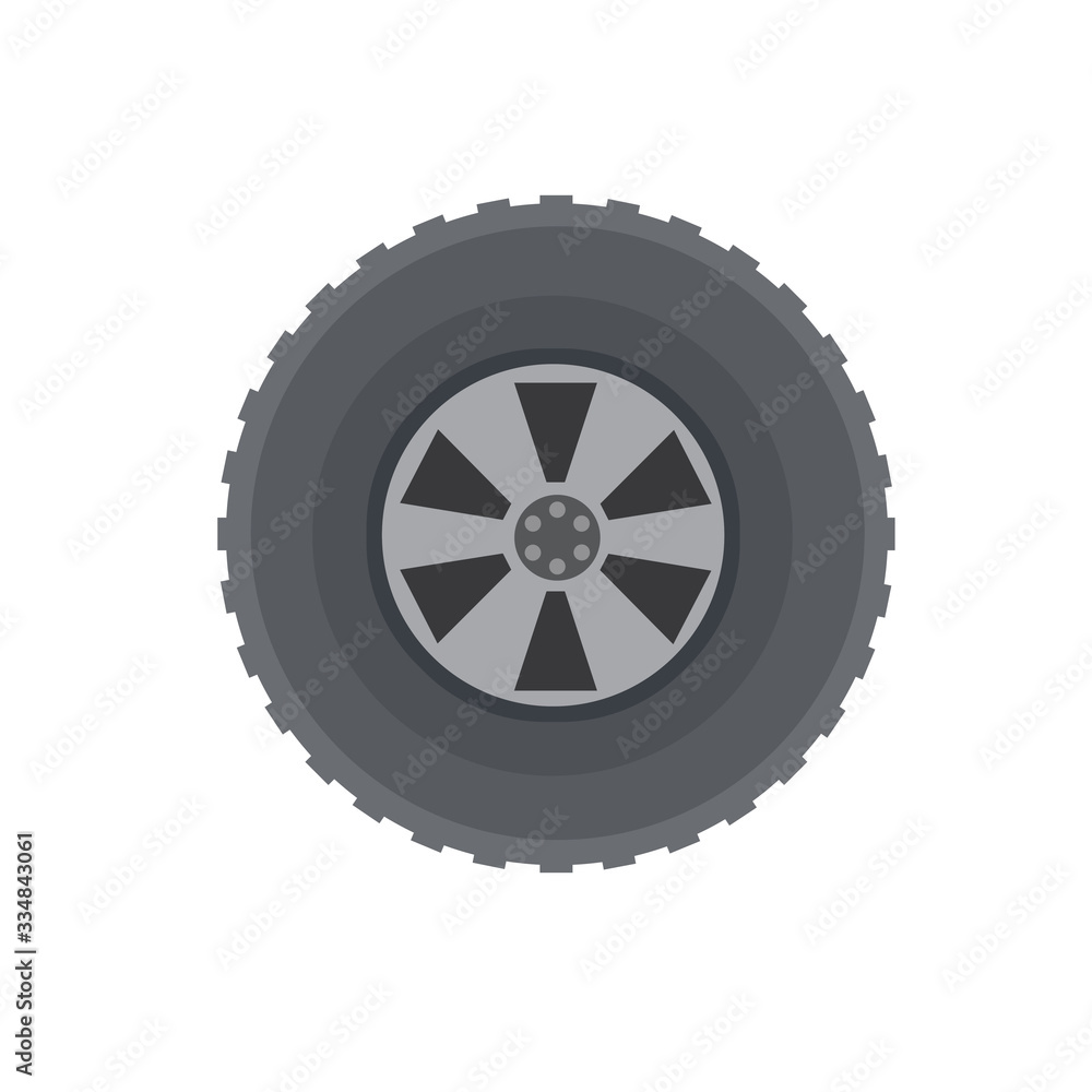 Automobile tire. Repair and maintenance. Cartoon flat illustration. Detail of wheel of car