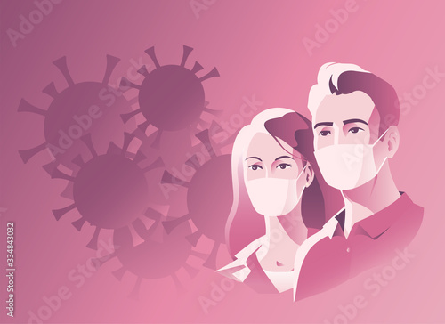 Masked man and woman in quarantine. Protection against infection during the coronavirus pandemic. In the background are dangerous pathogens. Vector illustration.