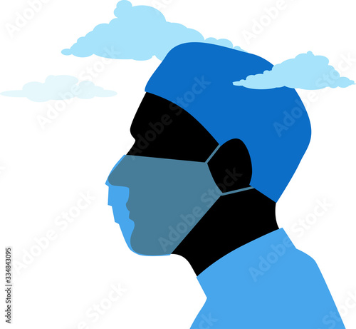 Profile of a male healthcare worker in scrubs and face mask, clouds over his head, EPS 8 vector illustration, no transparencies	
