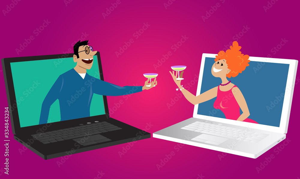 Man and woman on a virtual date communicating via laptops, EPS 8 vector illustration Man and woman on a virtual date communicating via laptops, EPS 8 vector illustration