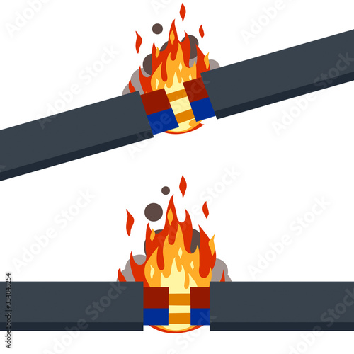 Blue damaged cable with red wire. Cartoon flat illustration. short circuit. Broken line. faulty electrical appliance. Safety rule. Orange flame and fire
