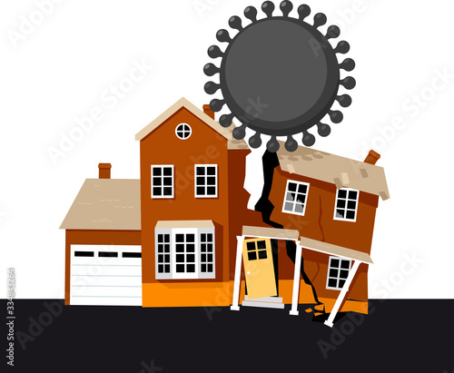 Coronavirus breaking a house as a metaphor for a pandemic related mortgage crisis, EPS 8 vector illustration