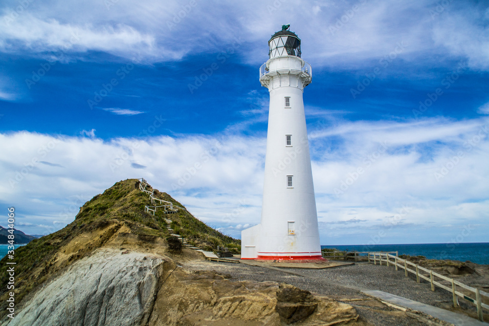 Travel New Zealand, North Island. Beautiful scenic landscape, panoramic view of Castlepoint Lighthouse. Tourist popular attraction/landmark in Wairarapa area.