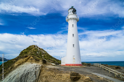 Travel New Zealand, North Island. Beautiful scenic landscape, panoramic view of Castlepoint Lighthouse. Tourist popular attraction/landmark in Wairarapa area.