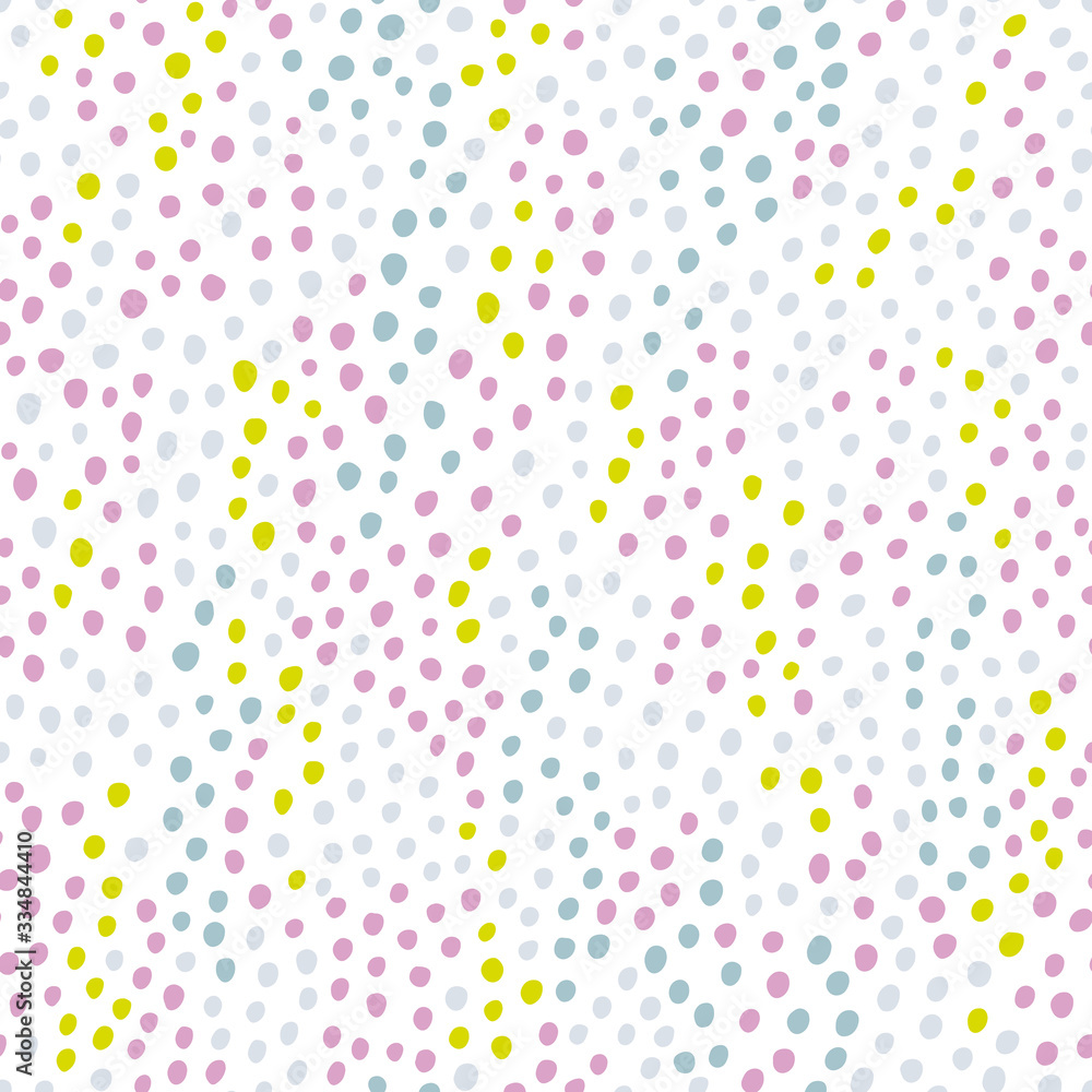 Memphis Polka dot seamless pattern. Vector hand-drawn abstract colorful pink light green and blue on a white background. Fashion 80-90s. Vector ideal for textiles, fabrics, digital paper.