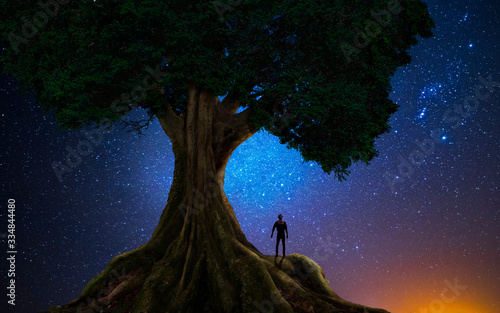 Man under a tree in front of the universe фототапет