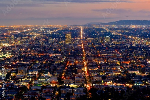 panoramic view of the city of Los Angeles illuminated at night in California