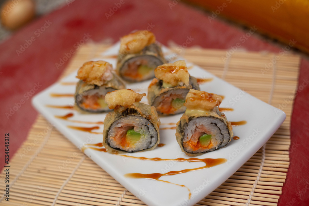 tempura sushi with topping (rice)