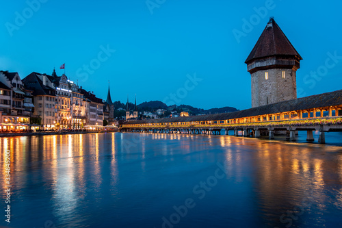 Famous Chapel Bridge, the city's symbol and one of the Switzerland's main tourist attractions, Switzerland. Historic city center of Lucerne © bbgreg