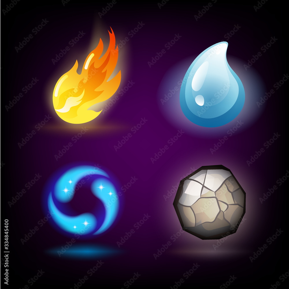 Four forces or nature elements - Water, Fire, Earth, Air. Design elements on dark background. Templates for renewable energy or ecology logos, emblems or cards. Alternative energy sources