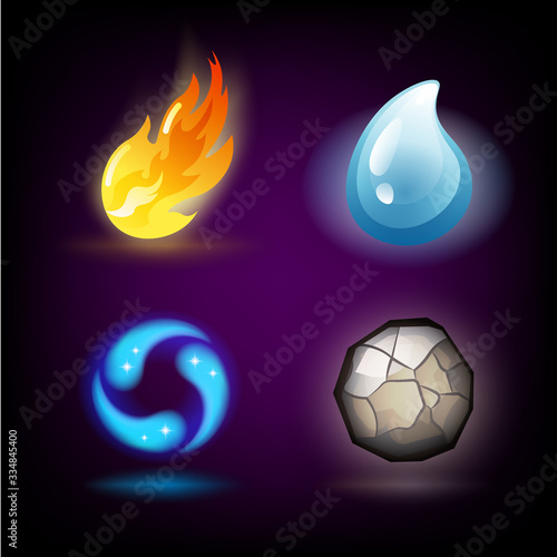 Four forces or nature elements - Water, Fire, Earth, Air. Design elements on dark background. Templates for renewable energy or ecology logos, emblems or cards. Alternative energy sources