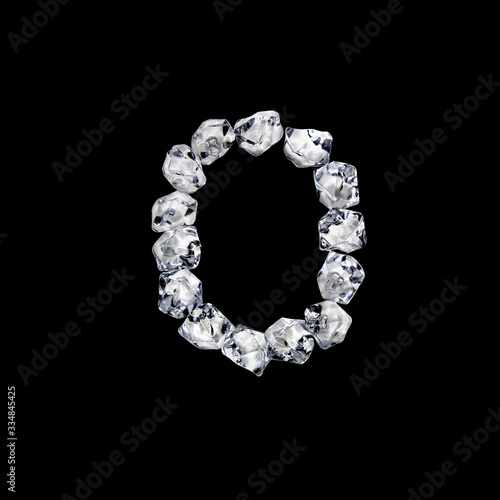 Single letter "O" made of ice or cracked glass isolated on black background