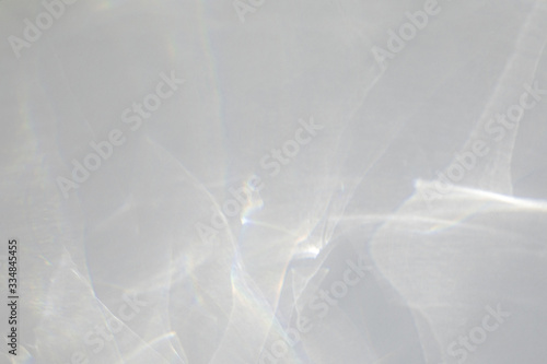 Blurred water texture overlay effect for photo and mockups. Organic drop diagonal shadow caustic effect with rainbow refraction of light on a white wall. Shadows for natural light effects