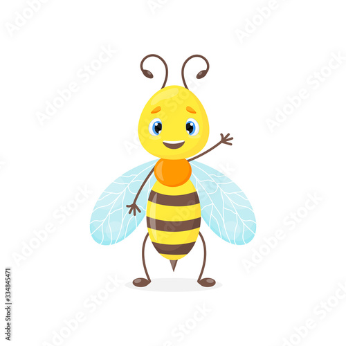 Cartoon bee or wasp, bumblebee cute vector mascot for logo, nursery goods, natural organic food or honey illustration, icon of busy insect character with wings, sting and big eyes. Funny bug isolated