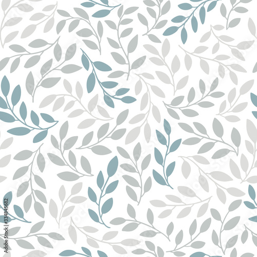 Silhouettes of identical leaves seamless pattern. Vector hand drawn illustration in simple scandinavian doodle cartoon style. Isolated gray-blue branches on a white background