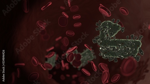 Wallpaper Mural microscopic 3D rendering view of virus shaped as symbol of bath inside vein with red blood cells Torontodigital.ca