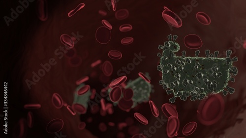 Wallpaper Mural microscopic 3D rendering view of virus shaped as symbol of bathtub inside vein with red blood cells Torontodigital.ca