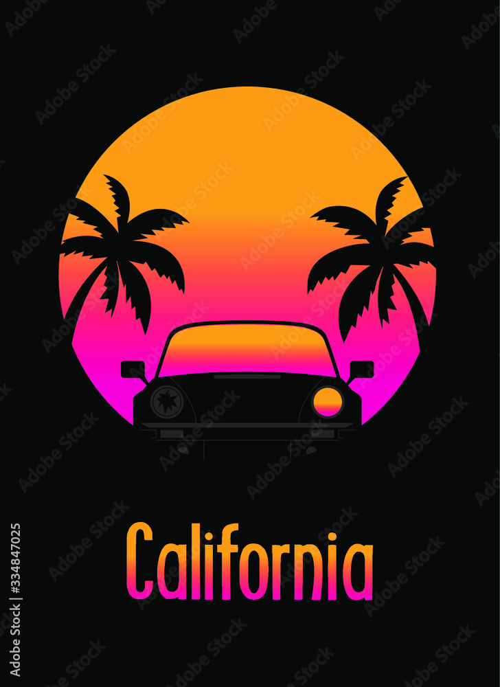 California. Sport car. Palms on sunset background. California dream.