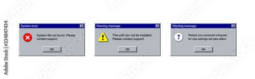 Old alert window set in classic style: info, error and caution screen with icons and ok button. Retro system popup template, vector illustration. Abstract ui dialog box with warning info.