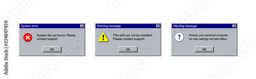 Old alert window set in classic style: info, error and caution screen with icons and ok button. Retro system popup template, vector illustration. Abstract ui dialog box with warning info. photo
