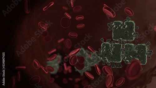 Wallpaper Mural microscopic 3D rendering view of virus shaped as symbol of boxes inside vein with red blood cells Torontodigital.ca