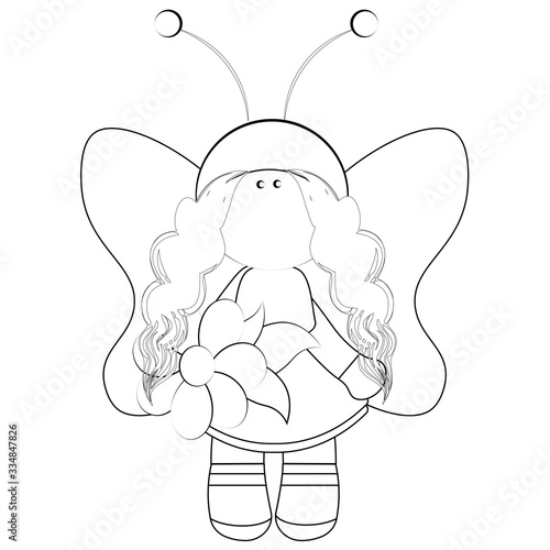 Fairy with wings in a magnificent dress and with a flower in her hand - black and white, outline