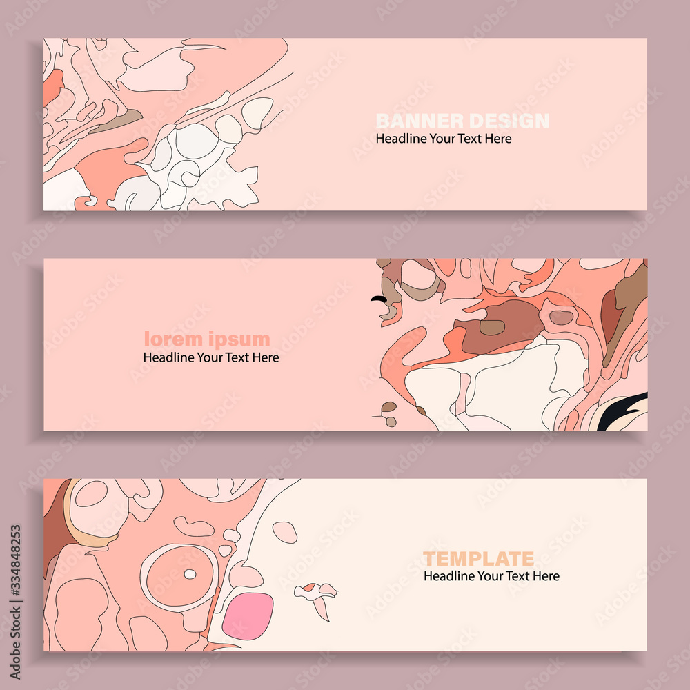 Set of three vector abstract baners. Trendy modern flat material design style.  Pastel colors. Text placeholder.