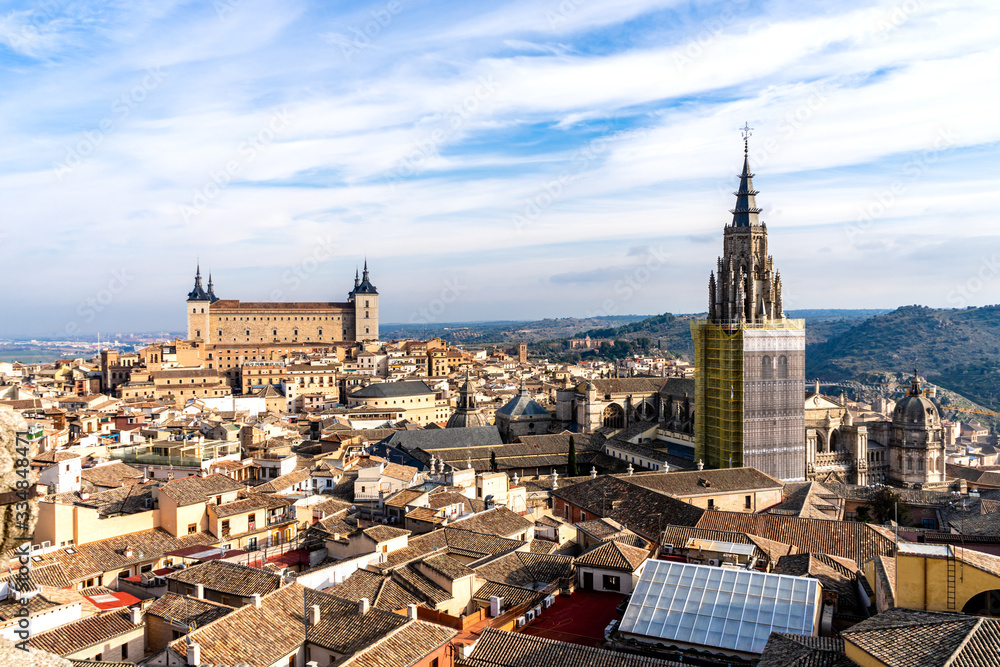 Aerial view of Toledo with the Alcazar and the Cathedral