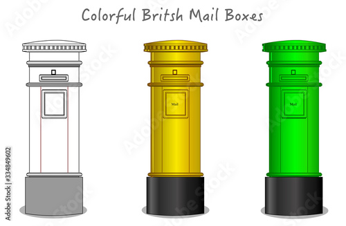 British, London colorful postbox, mailbox. Green, yellow mail box design. Black white, technic draw sketch and colored cylinder mailbox. England, UK classic culture objects. Futuristic art draw Vector