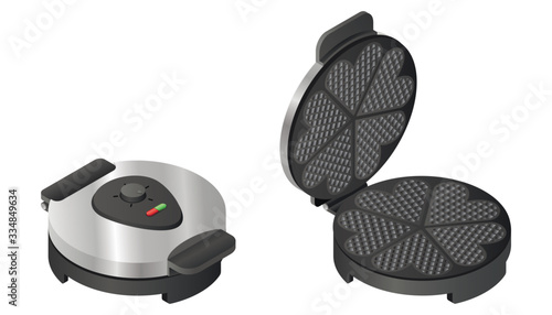 Waffle iron in isometric view. Metallic beautiful large new silver round shape for frying waffles.