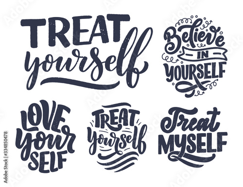 Set with selfcare lettering quotes for blog or sale. Time to something nice. Beauty, body care, premium cosmetics, delicious, ego. Modern calligraphy. Vector design prints