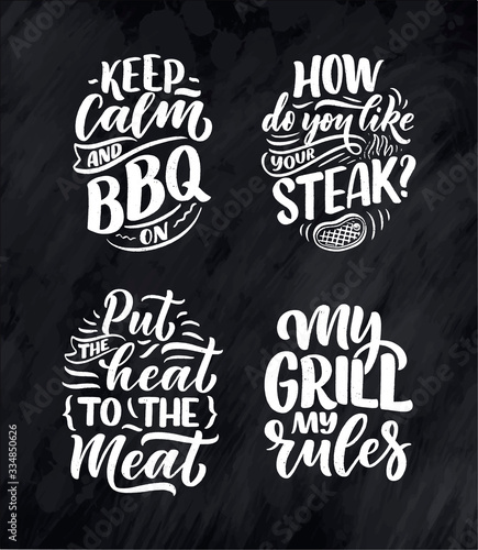 Set with Bbq fun slogans, great design for any purposes. Lettering for family dinner design. Funny print, poster and banner with phrase about barbeque. Vector