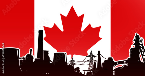 Heavy industry of Canada vector illustration colored red with electric power plant, factory and mining facility on the flag background with colors red, white