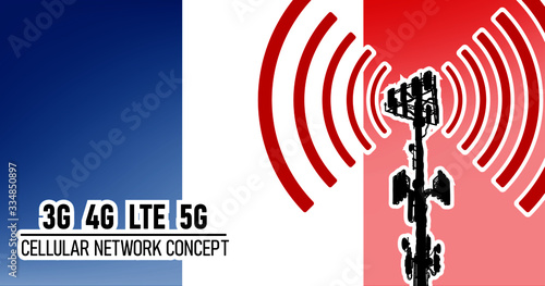 Cellular mobile network tower connection concept for France, vector illustration of 3g 4g LTE 5g harmful waves from the tower, danger of 5G networks idea with colors blue, red, white