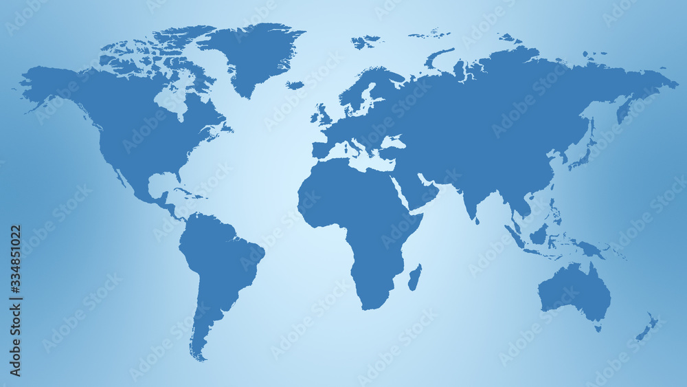 Blue World Map. Continents on blue background, world map flat illustration.